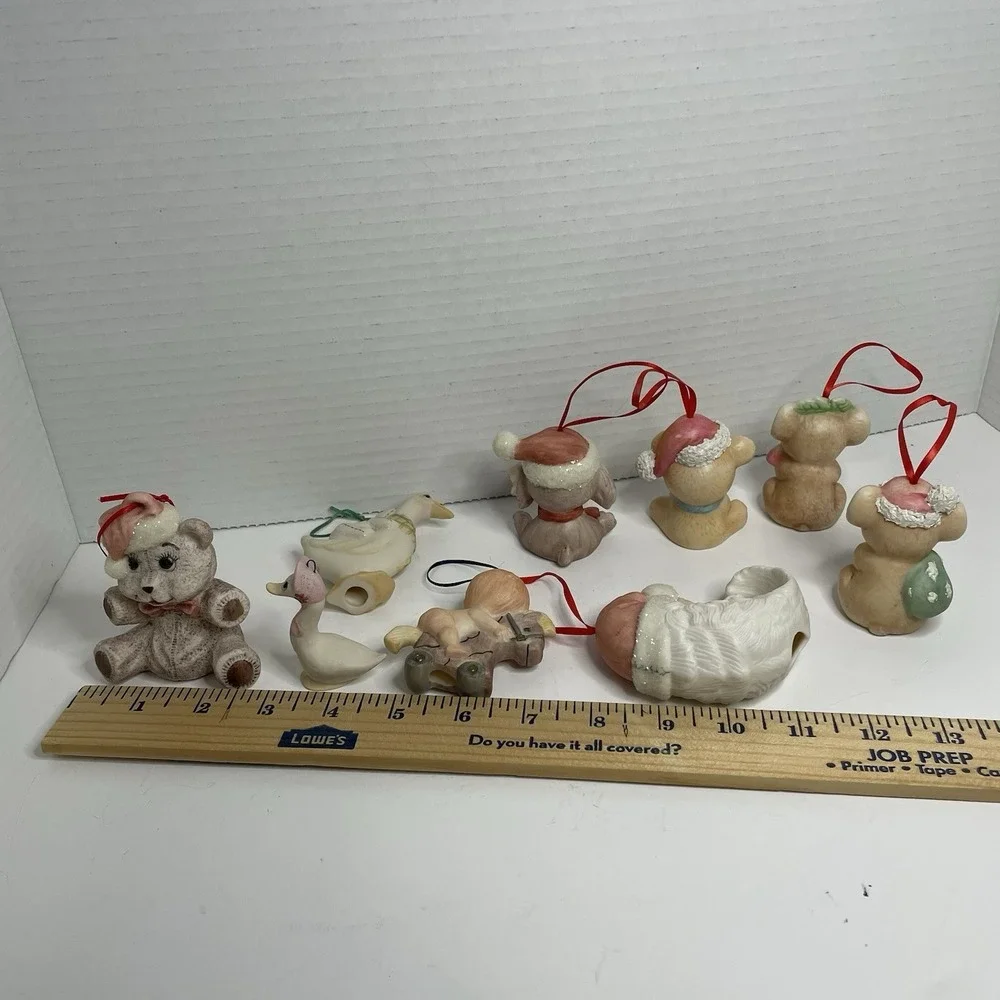Porcelain Christmas Ornament Santa  Moon Animals Set 9 Vintage Hand Painted 2.5